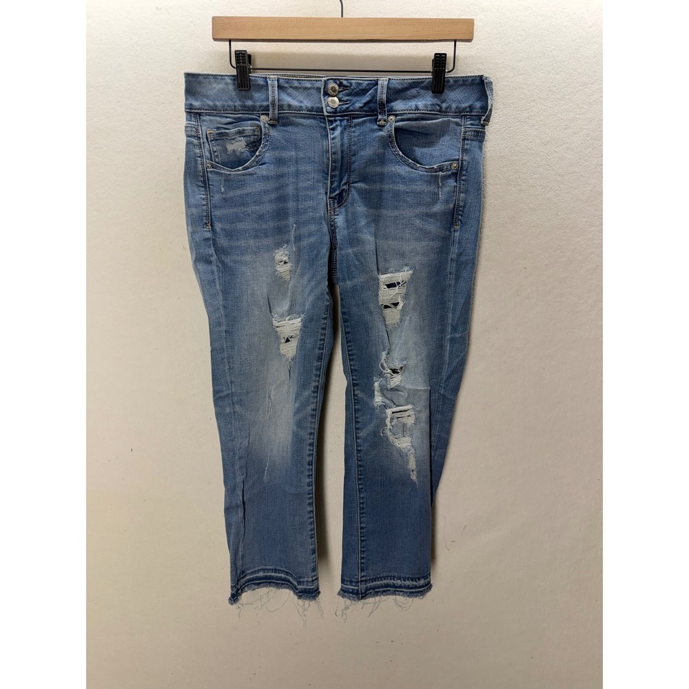 American Eagle Artist Crop Jeans Womens 12 Blue Distressed Raw Hem 3618